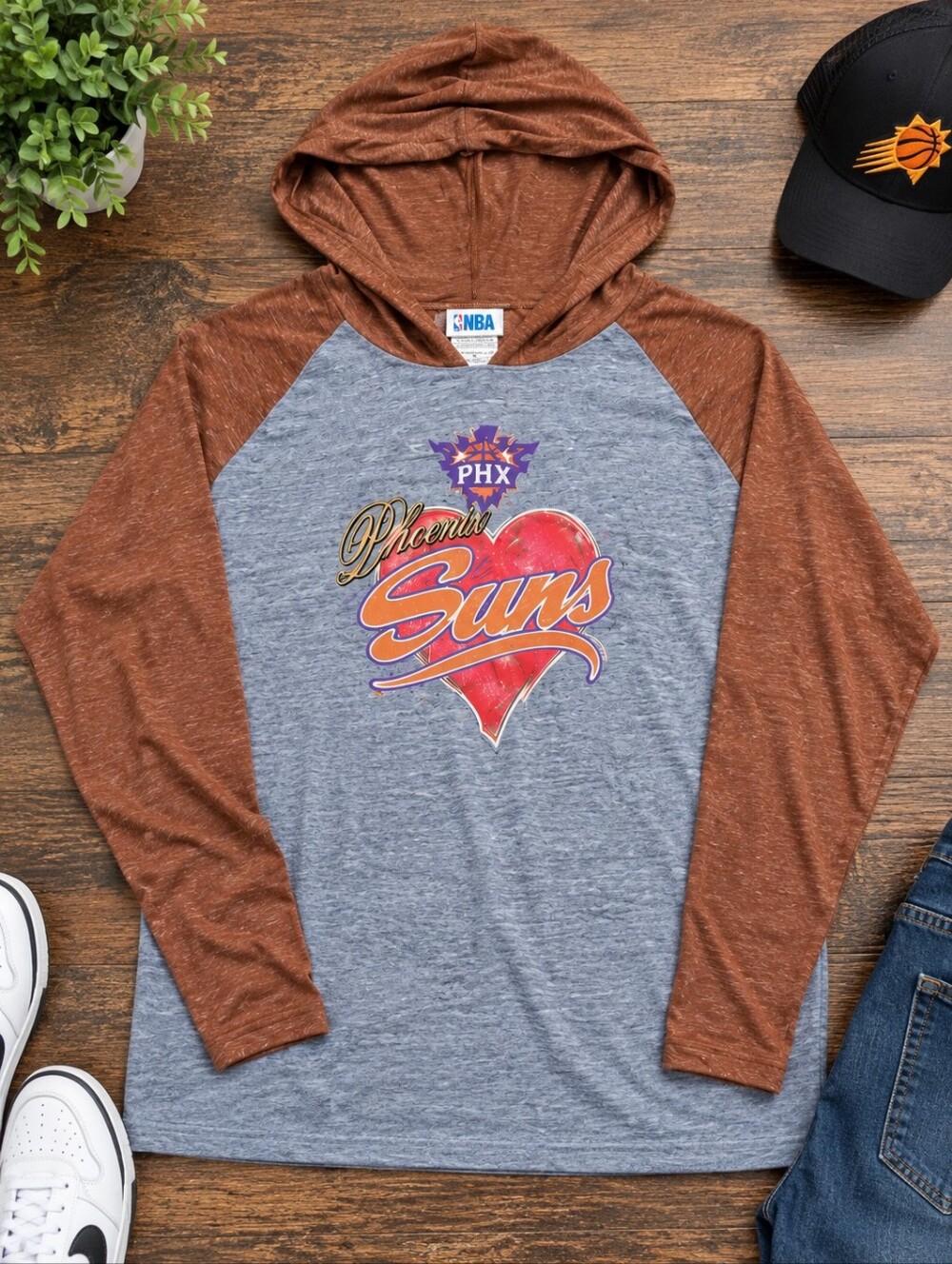 Phoenix Suns NBA Women's XL Hooded Raglan Shirt Gray Brown Graphic -P